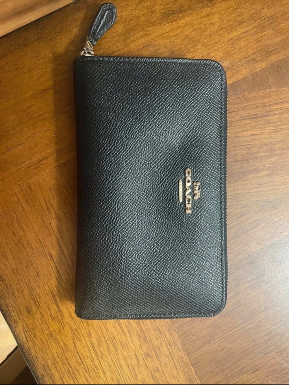 Coach Black Textured Zip Wallet with Gold Logo